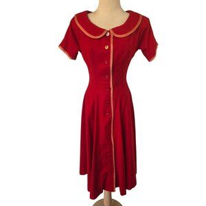 Vintage 50s Joan Miller Juniors Red Wool Dress Sz S Button Front Peach Trim